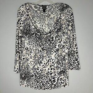 Clara Sun Woo Size XL Cowl Neck Leopard Top Shirt Stretch Animal Office Casual